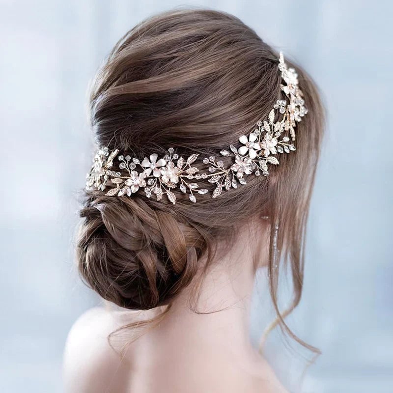 Dark Brown Collarbone Low Bun With Headband — Trendy Wedding Hair