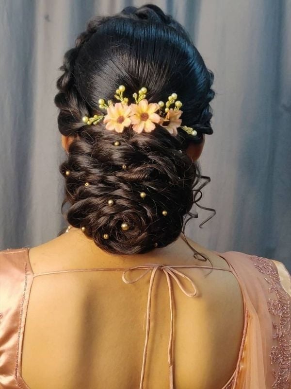 Dark Brown Twisted Bun With Pearls — Trendy Wedding Hair