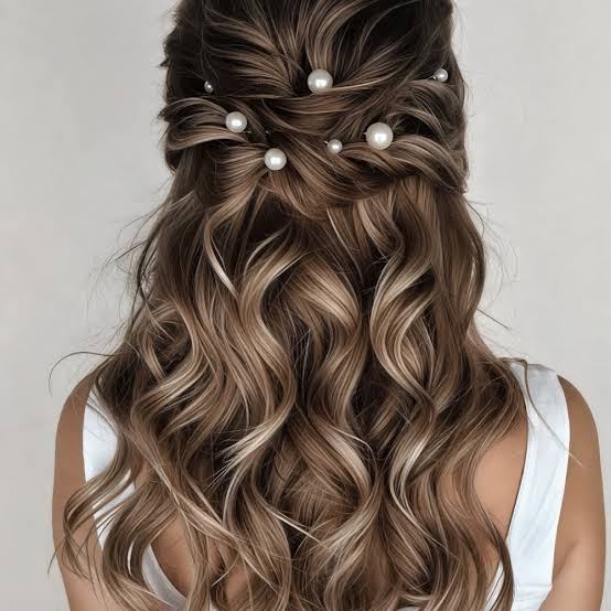 Ash Blonde Half Up Half Down With Pearls, Mid-Back — Trendy Wedding Hair