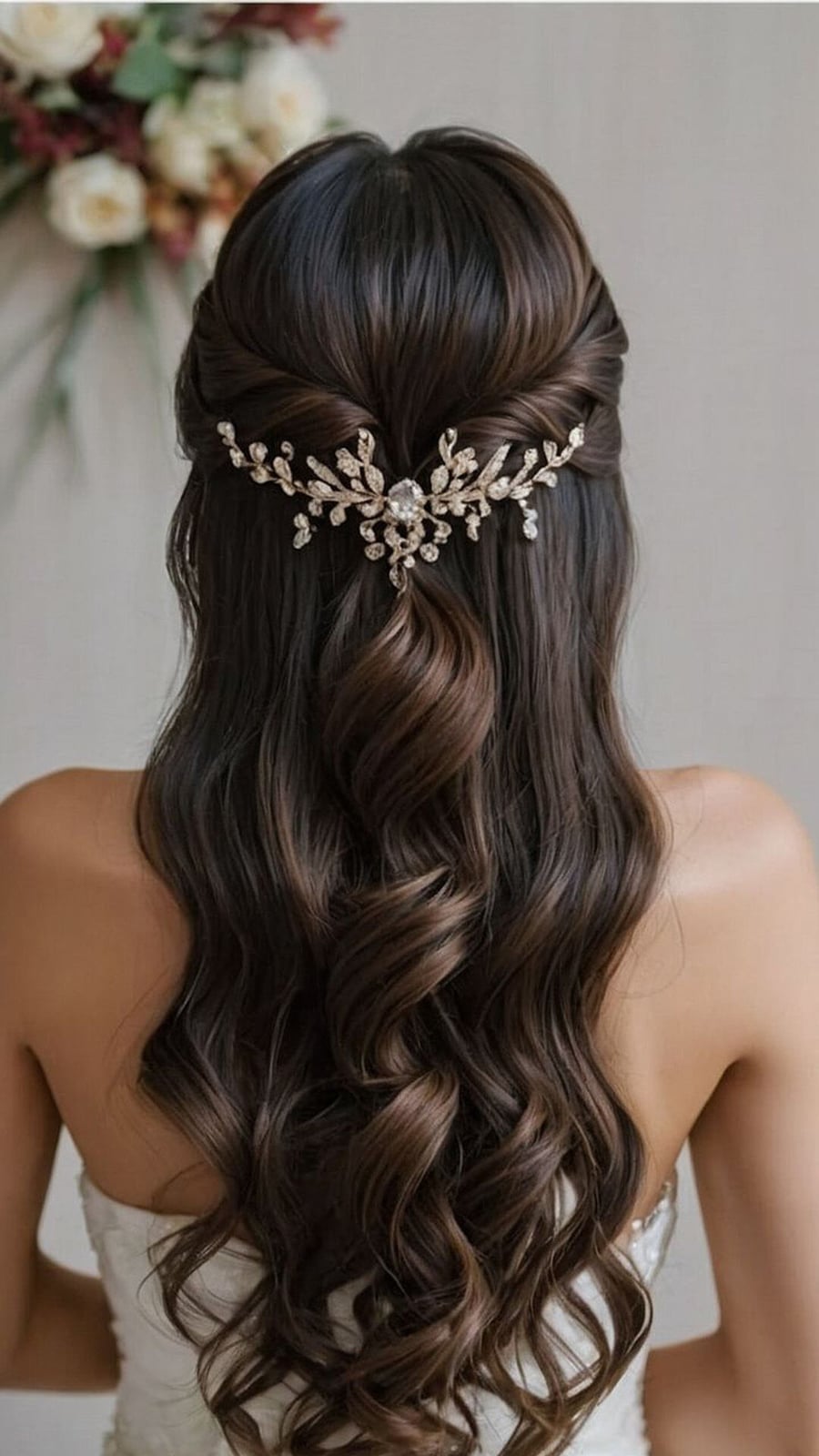 Half-Up Half-Down Dark Brown Waves With Accessory — Trendy Wedding Hair