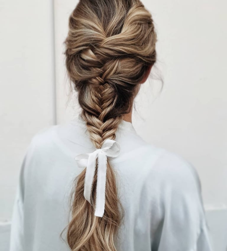 Honey Blonde Fishtail Braid With Ribbon — Trendy Wedding Hair