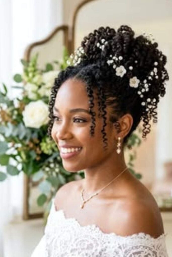Coily Black High Bun With Curls — Trendy Wedding Hair