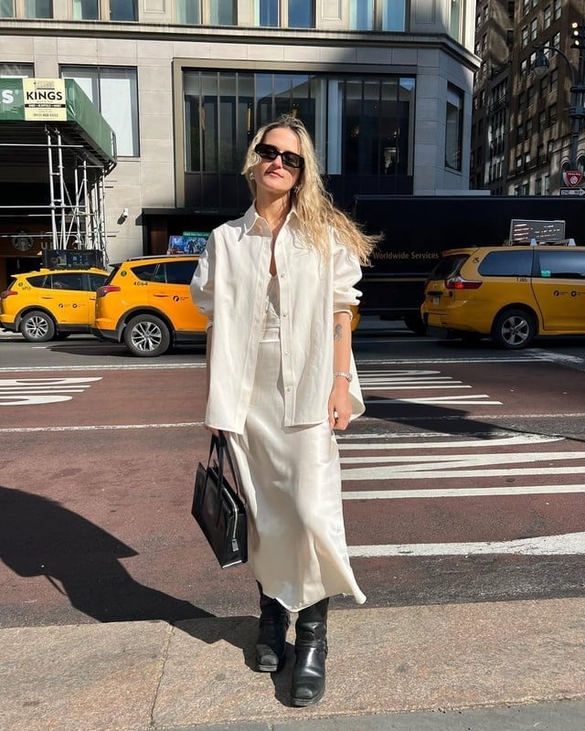 Oversized White Shirt and Silk A-Line Skirt for City Casual — Trendy White Shirt Outfits