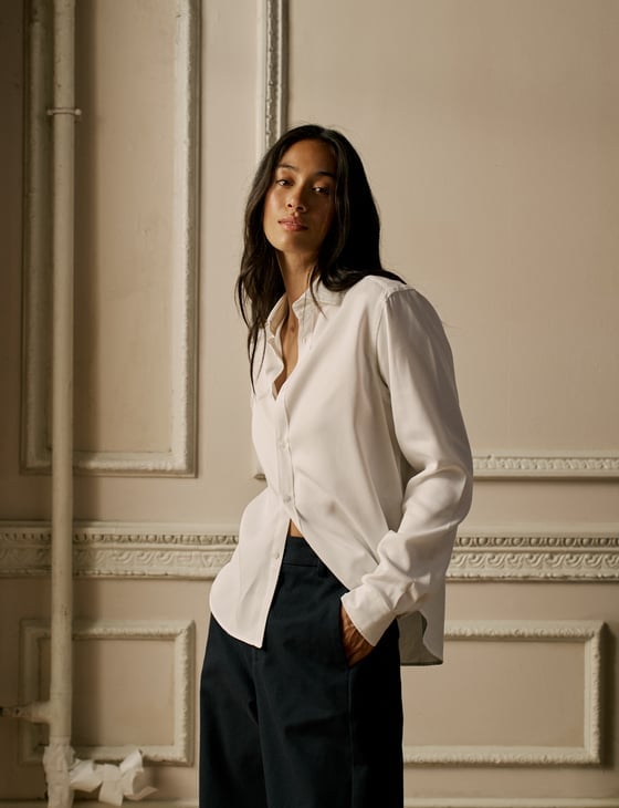 Relaxed White Silk Blouse with Wide-Leg Navy Trousers — Trendy White Shirt Outfits
