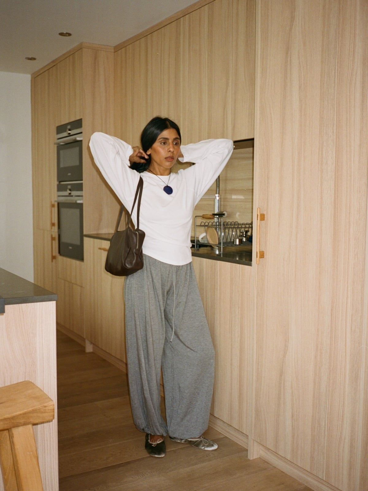 White Long-Sleeve T-Shirt with Extremely Wide-Leg Sweatpants — Trendy White Shirt Outfits