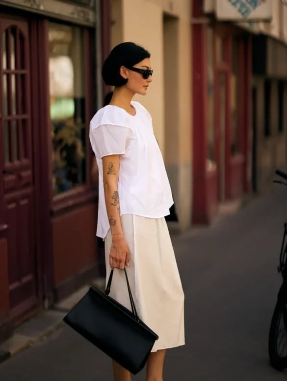 Puffed Sleeve White Top with A-Line Beige Skirt for Street Style — Trendy White Shirt Outfits