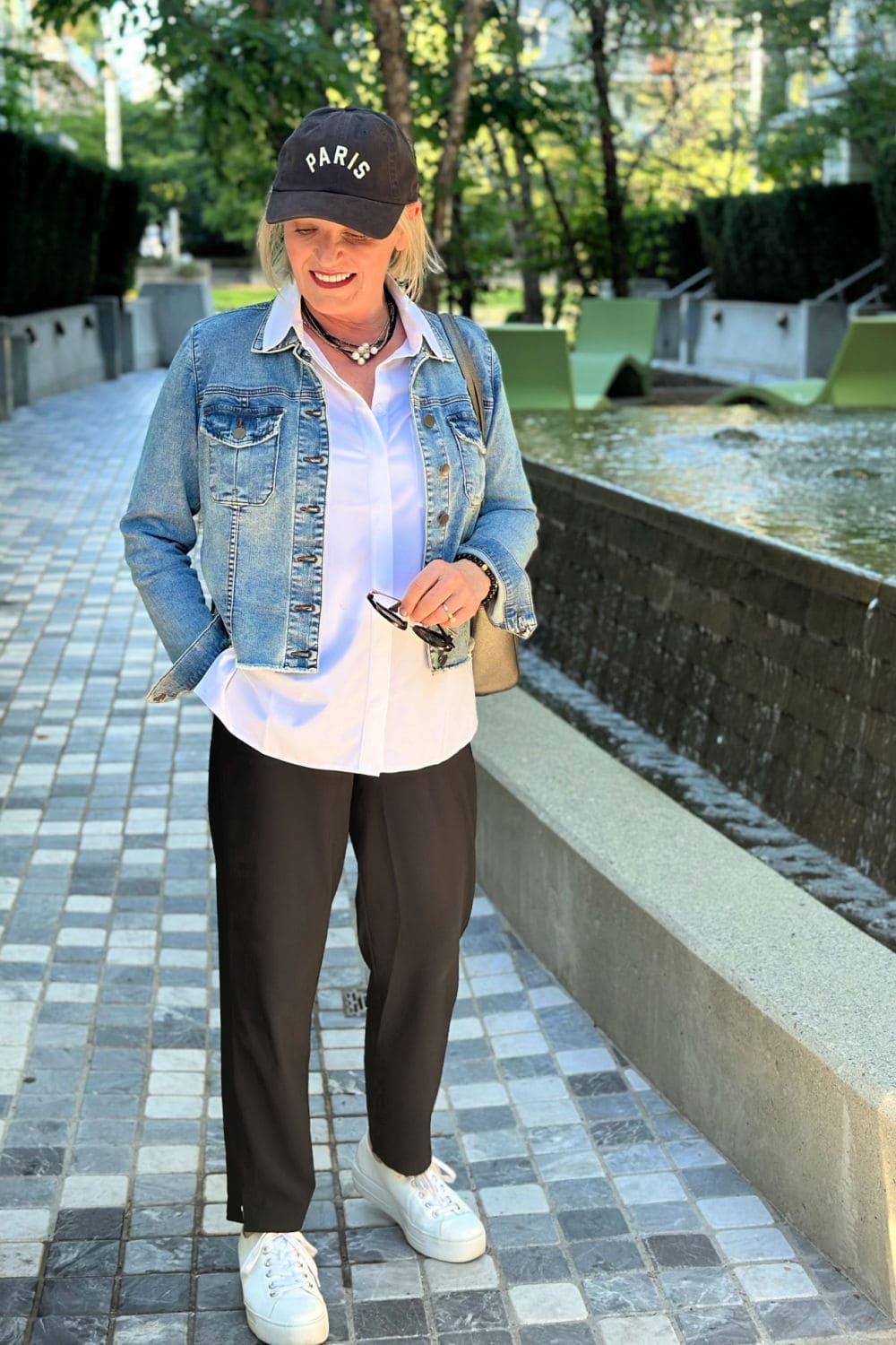 White Shirt Layered Under Denim Jacket with Black Trousers — Trendy White Shirt Outfits