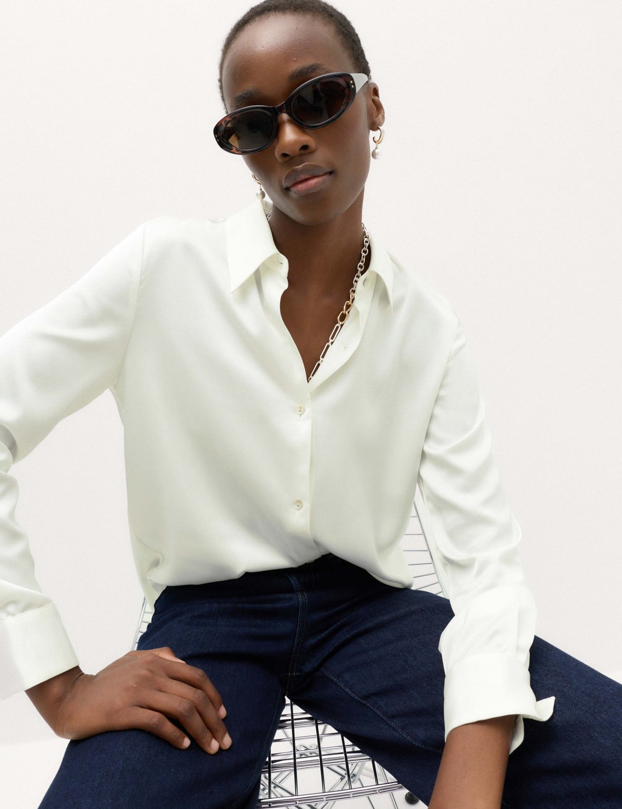 Ivory Satin Collared Shirt with Subtle Sheen — Trendy White Shirt Outfits