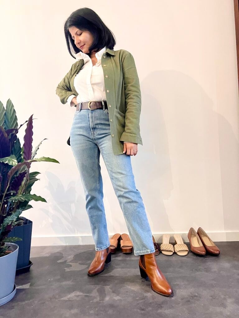 White Shirt with Utility Jacket and Straight-Leg Jeans — Trendy White Shirt Outfits
