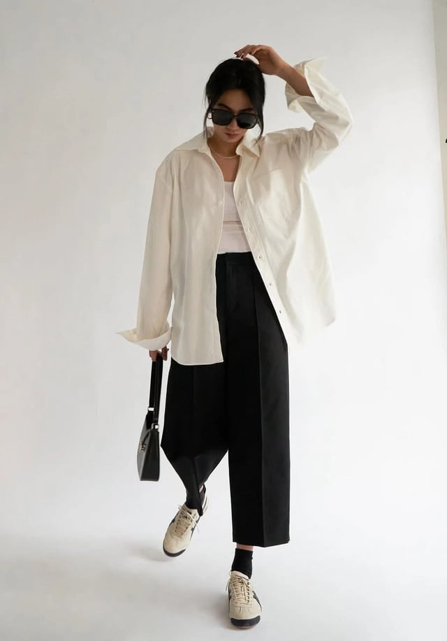 Oversized White Shirt Paired with Wide-Leg Pants — Trendy White Shirt Outfits