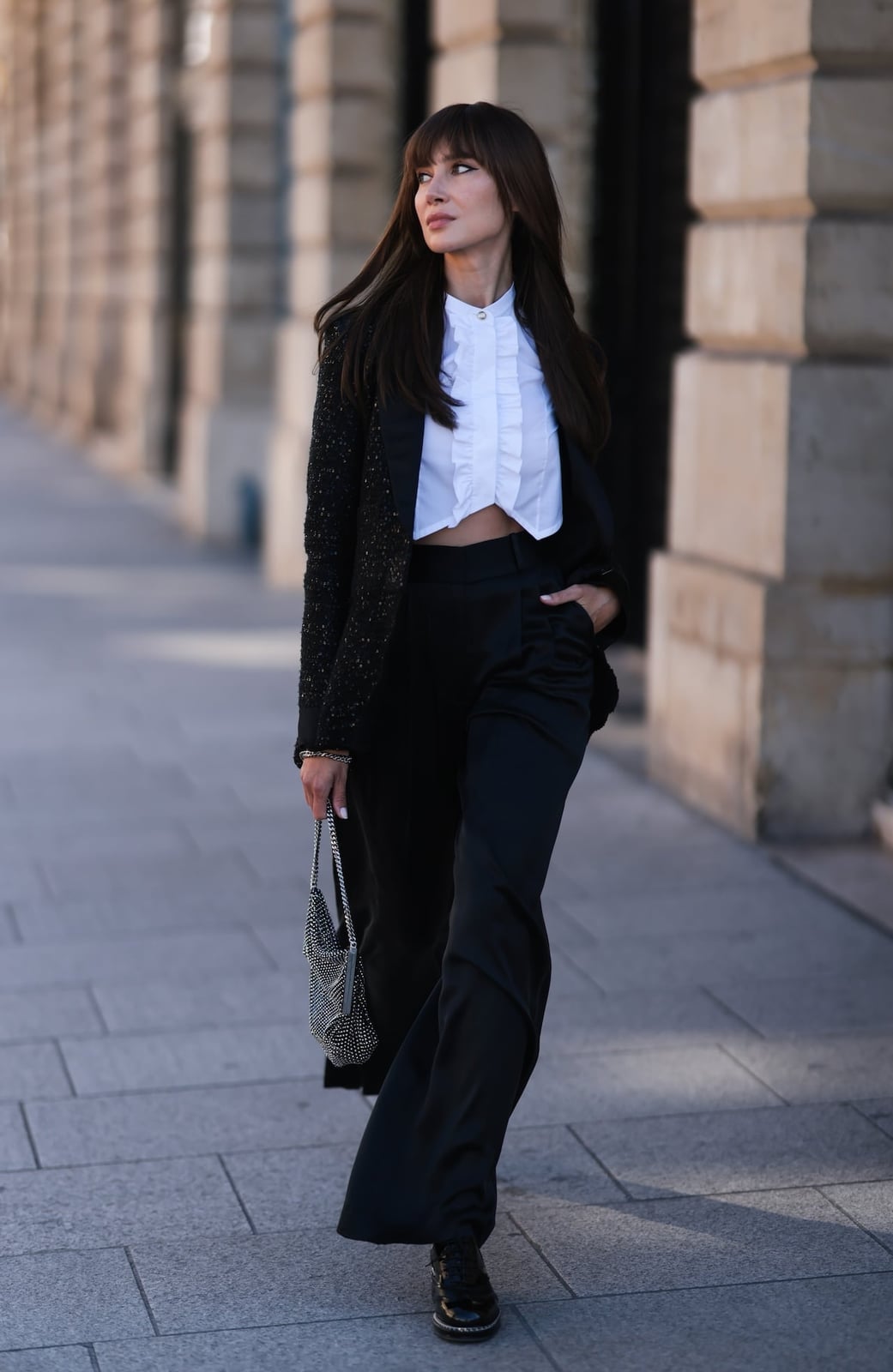 Ruffled Cropped White Shirt with Black Blazer and Wide-Leg Pants — Trendy White Shirt Outfits