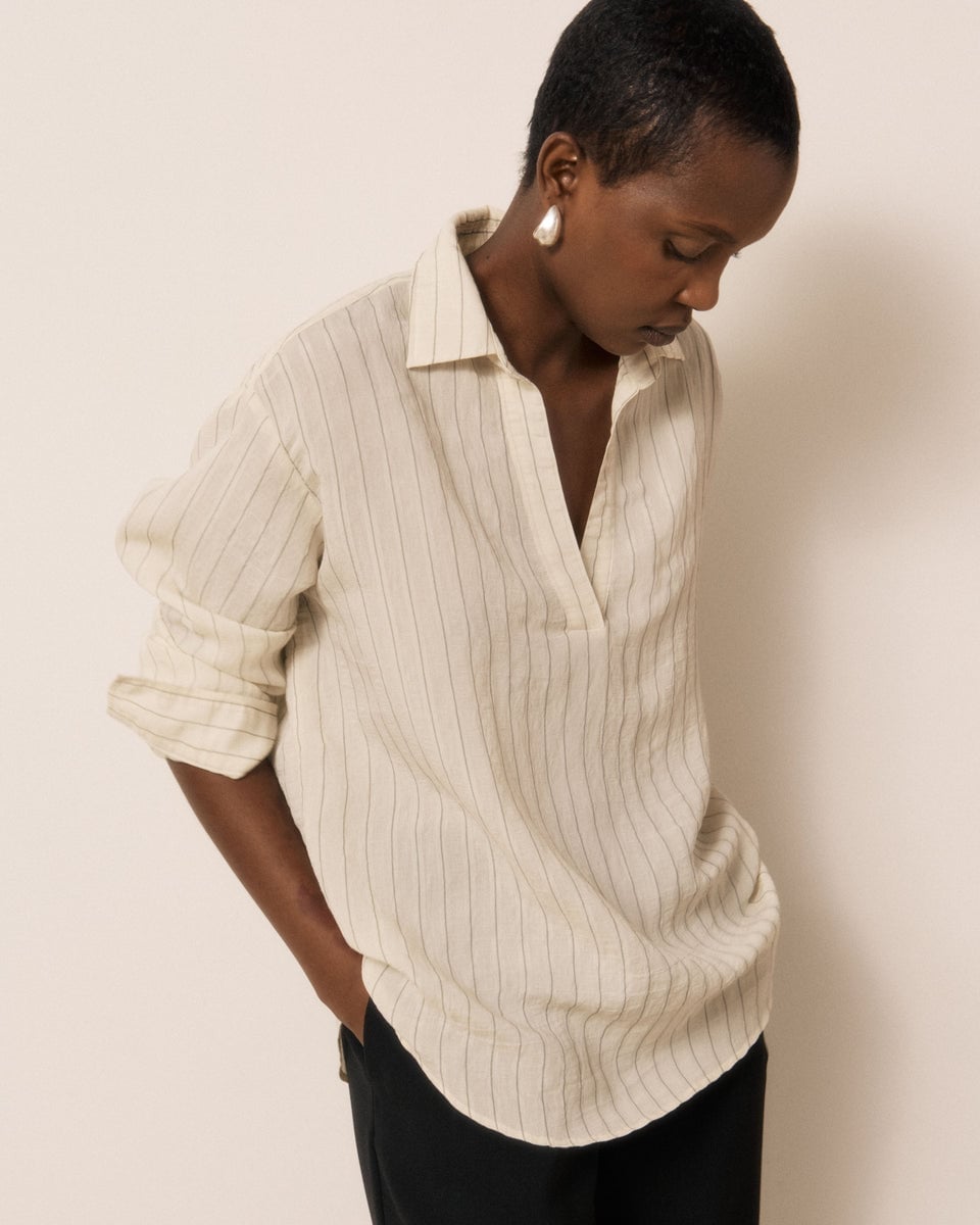 Relaxed Fit Striped Linen Shirt with Pearl Earrings — Trendy White Shirt Outfits