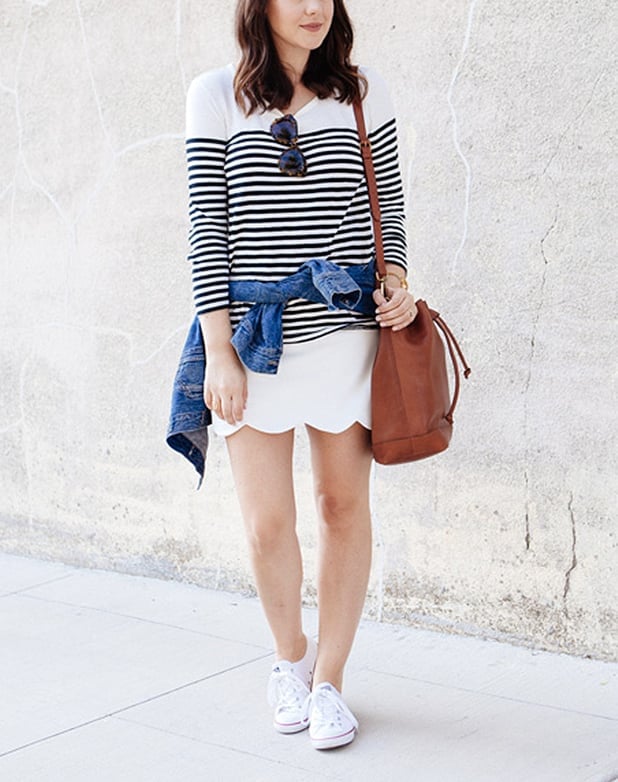 White Sneakers With Striped Top and Scalloped Skirt White Sneakers With Striped Top and Scalloped Skirt — Trendy White Sneakers Outfits