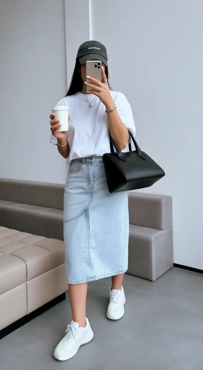 White Sneakers With Denim Midi Skirt and T-shirt White Sneakers With Denim Midi Skirt and T-shirt — Trendy White Sneakers Outfits