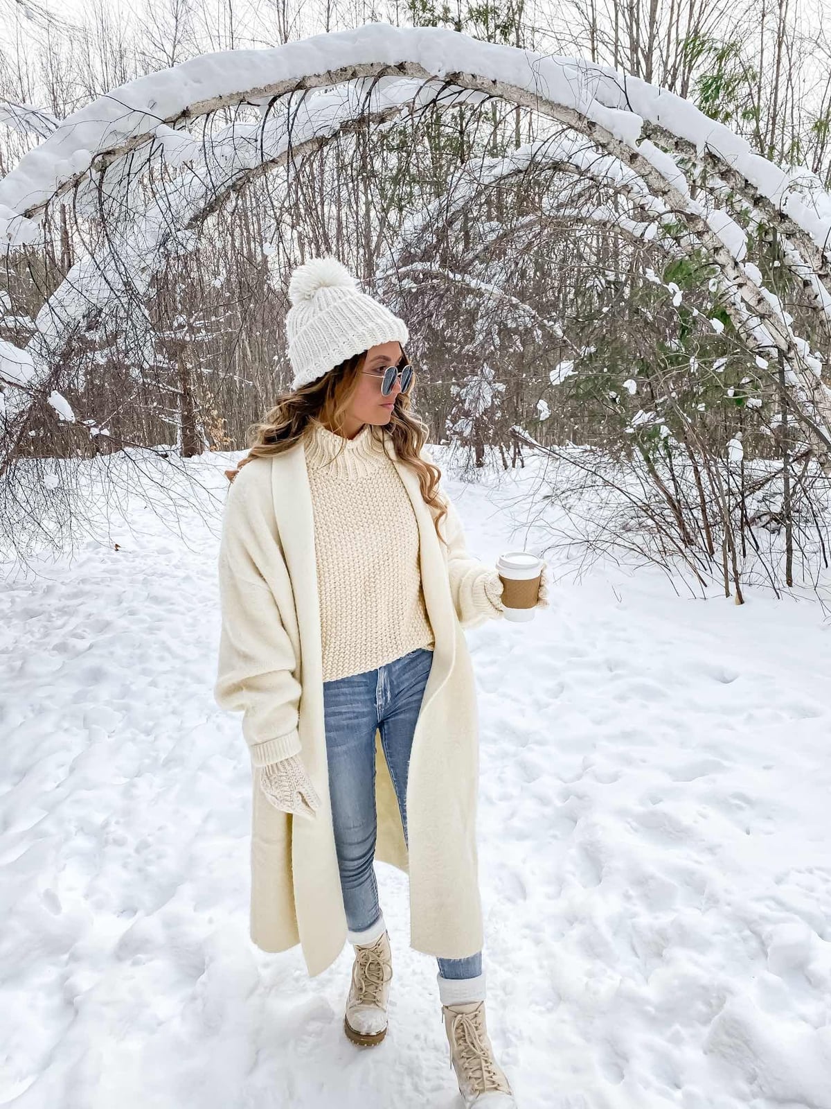 Cream Turtleneck Sweater Under Long Coat Cream Turtleneck Sweater Under Long Coat — Trendy White Sweater Outfit