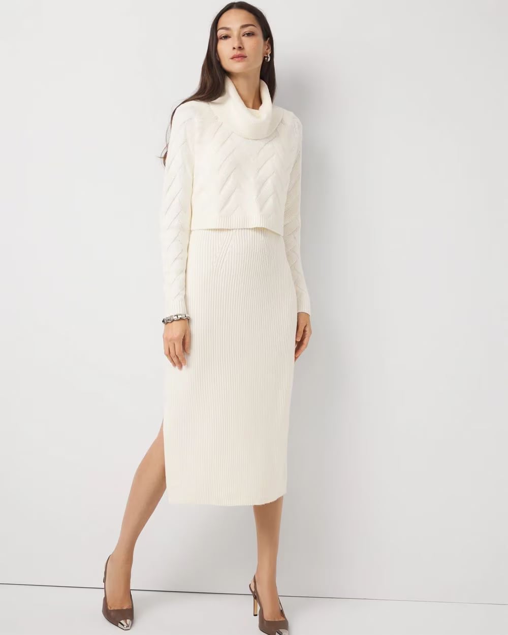 Cream Cowl Neck Sweater Over Midi Dress Cream Cowl Neck Sweater Over Midi Dress — Trendy White Sweater Outfit