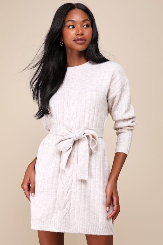 Cream Bodycon Sweater Mini Dress with Belt Cream Bodycon Sweater Mini Dress with Belt — Trendy White Sweater Outfit