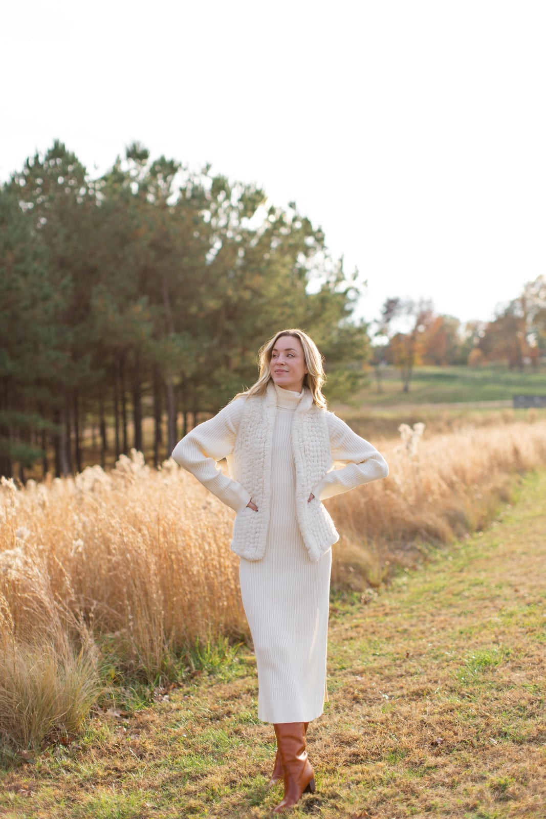 Knit Sweater Dress with Textured Knit Vest Knit Sweater Dress with Textured Knit Vest — Trendy White Sweater Outfit