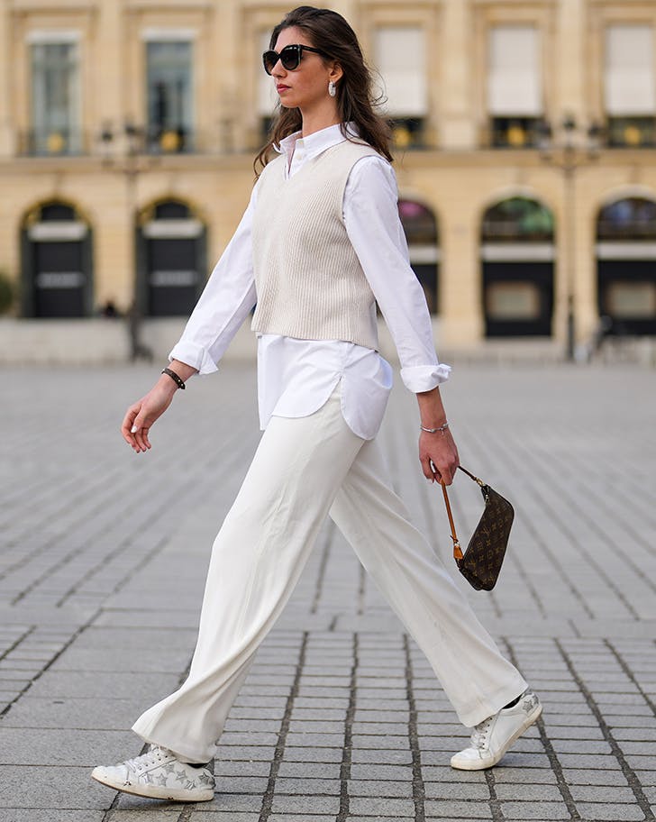 White Button-Down Under Cream Sweater Vest White Button-Down Under Cream Sweater Vest — Trendy White Sweater Outfit