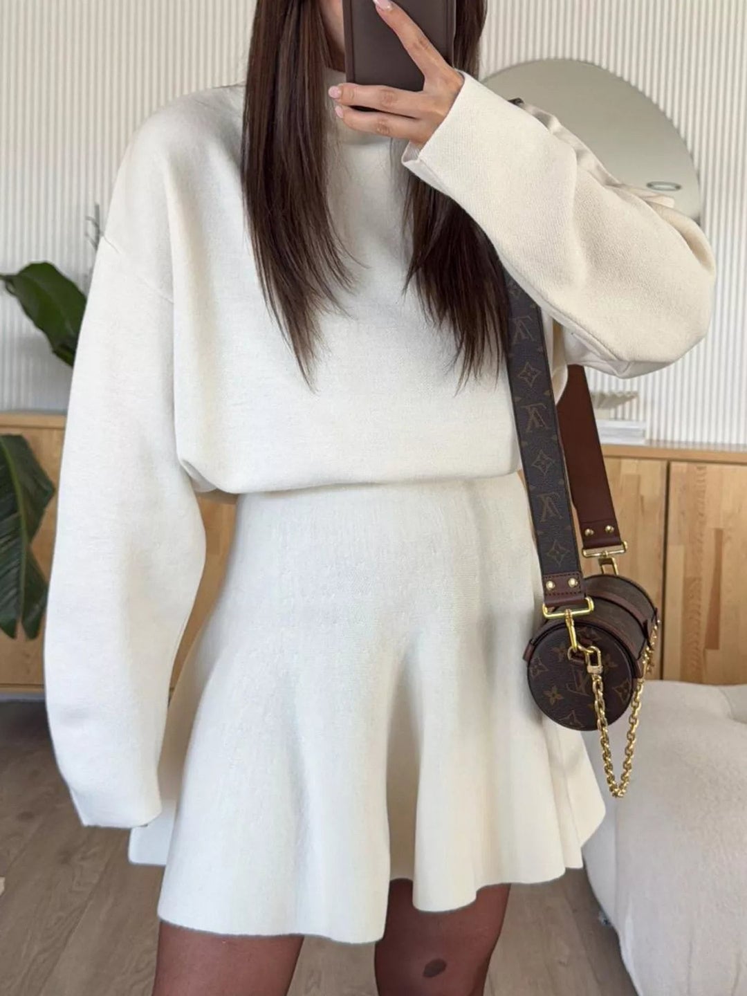 Turtleneck Sweater Dress with Mini Crossbody Bag Turtleneck Sweater Dress with Mini Crossbody Bag — Trendy White Sweater Outfit