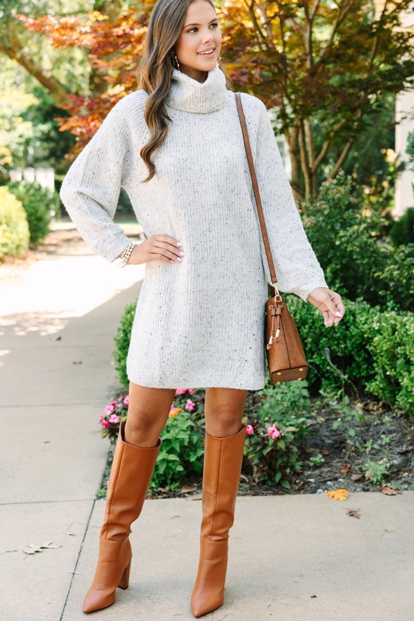 Ivory Turtleneck Sweater Dress with Belt Ivory Turtleneck Sweater Dress with Belt — Trendy White Sweater Outfit