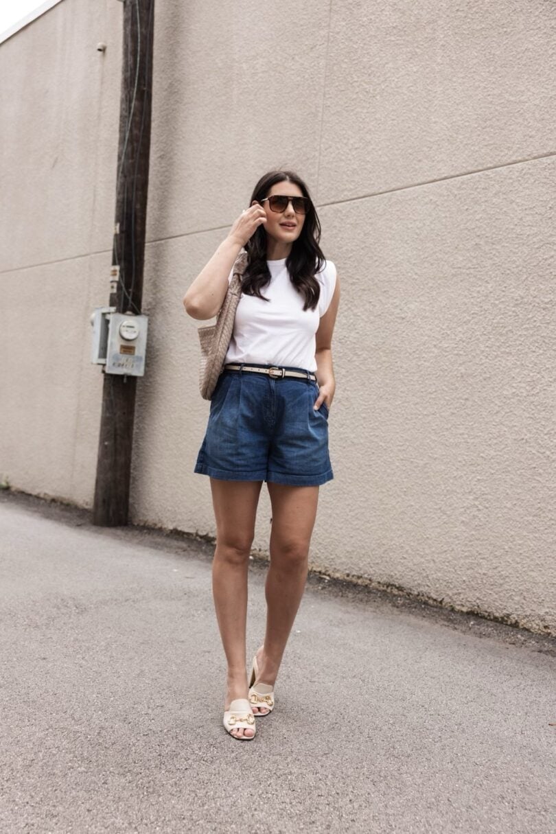 Fitted Cap Sleeve Tee With Denim Shorts And Mules — Trendy White Tee Outfits