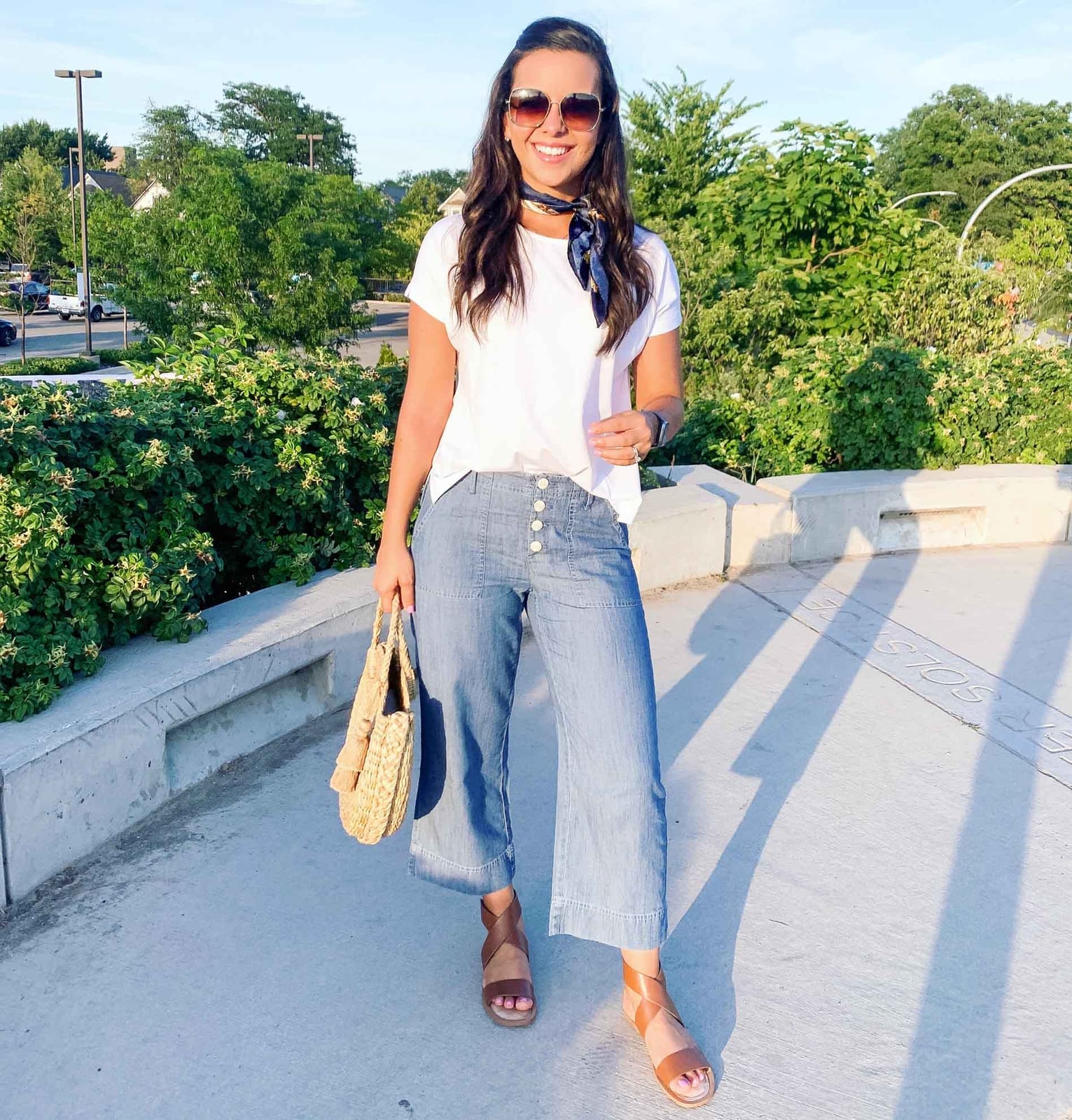 White Tee With Cropped Jeans And Patterned Scarf — Trendy White Tee Outfits