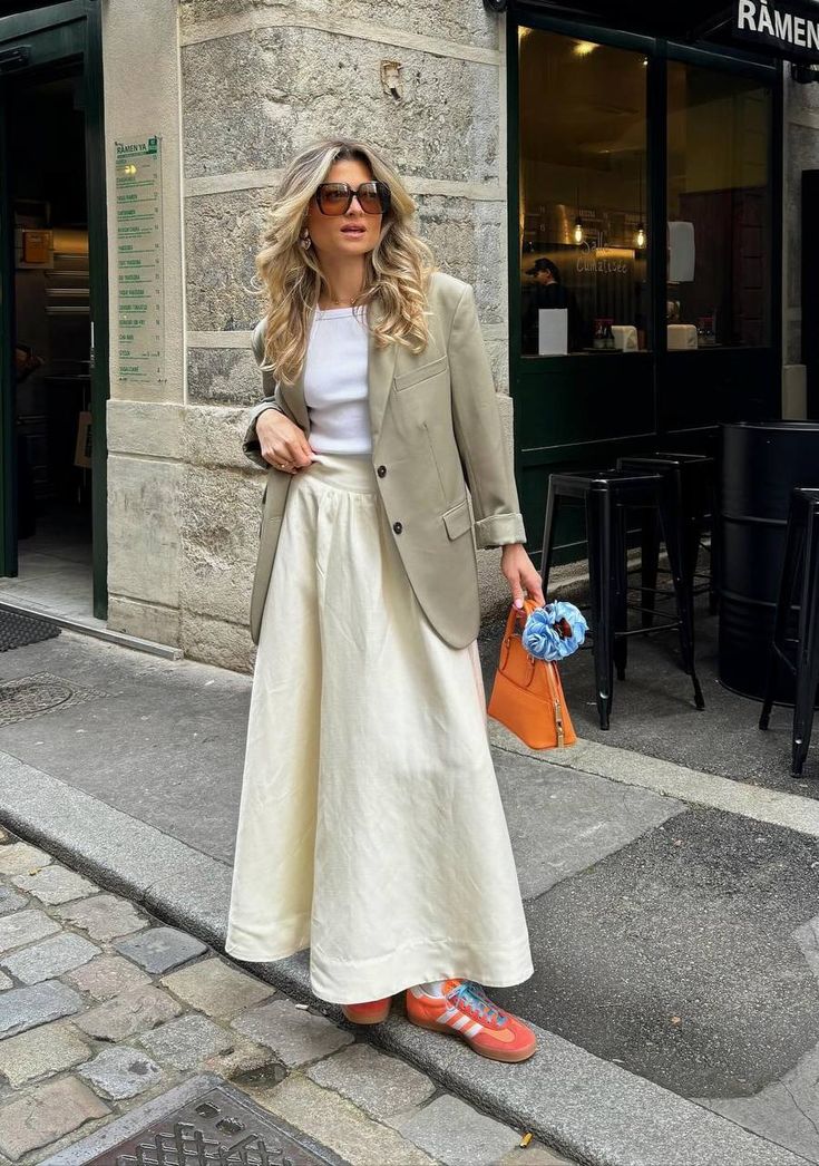 White Tee Under Beige Blazer With Flowy Maxi Skirt — Trendy White Tee Outfits