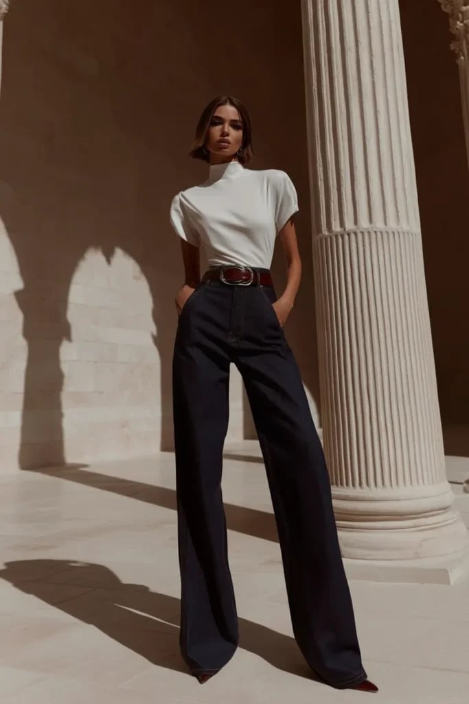 Fitted White Mock Neck With Extreme Wide-Leg Pants — Trendy White Tee Outfits