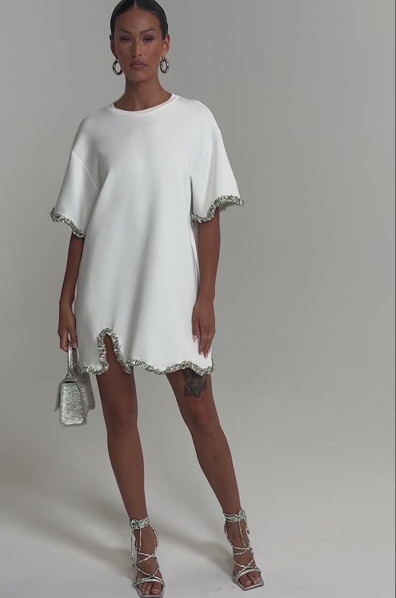 White T-Shirt Mini Dress With Metallic Details — Trendy White Tee Outfits