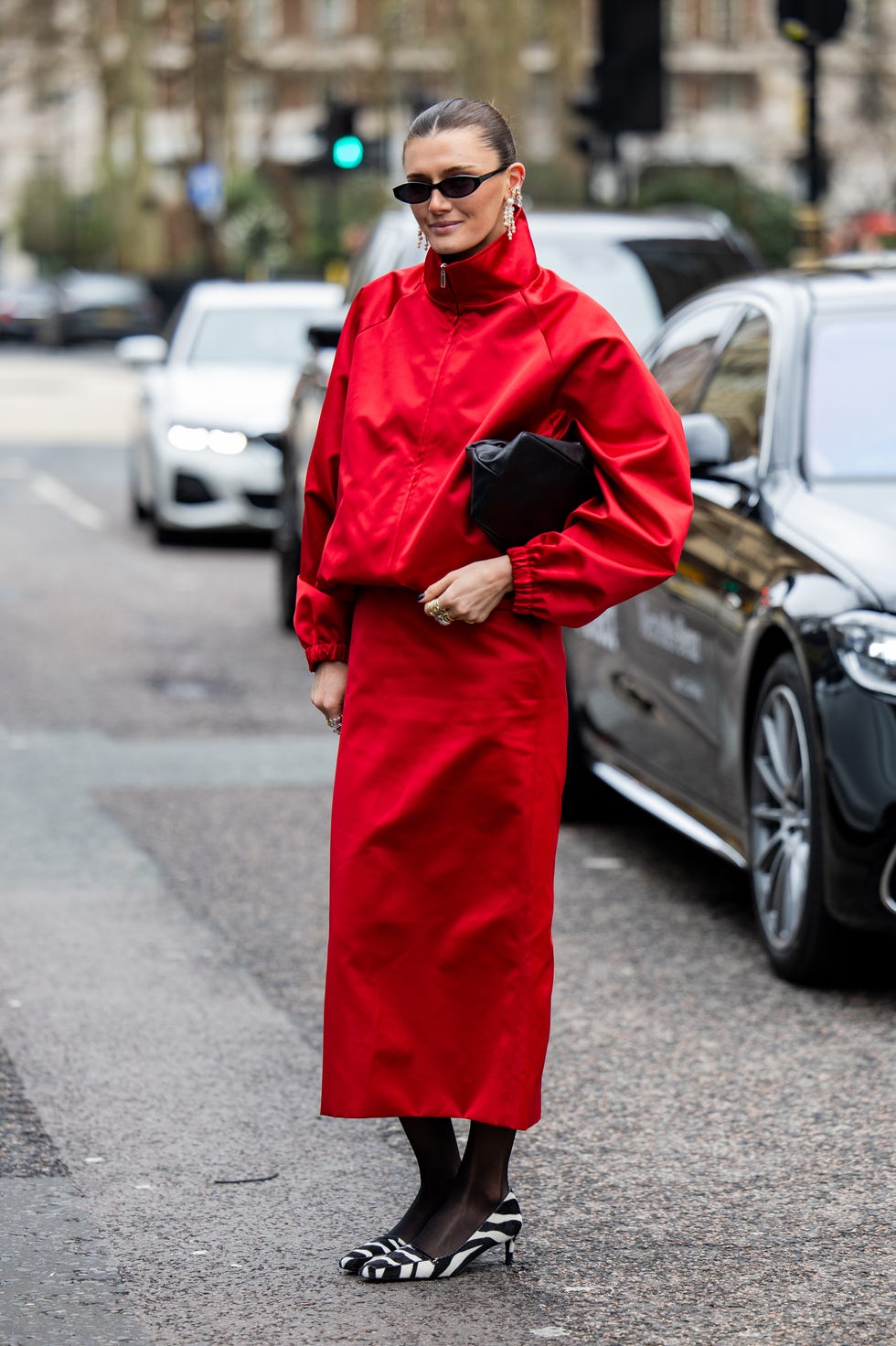 Monochromatic Red Shiny Windbreaker with Midi Skirt — Trendy Windbreaker Outfits