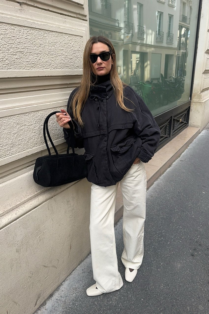 Oversized Black Windbreaker with Cream Denim Trousers — Trendy Windbreaker Outfits