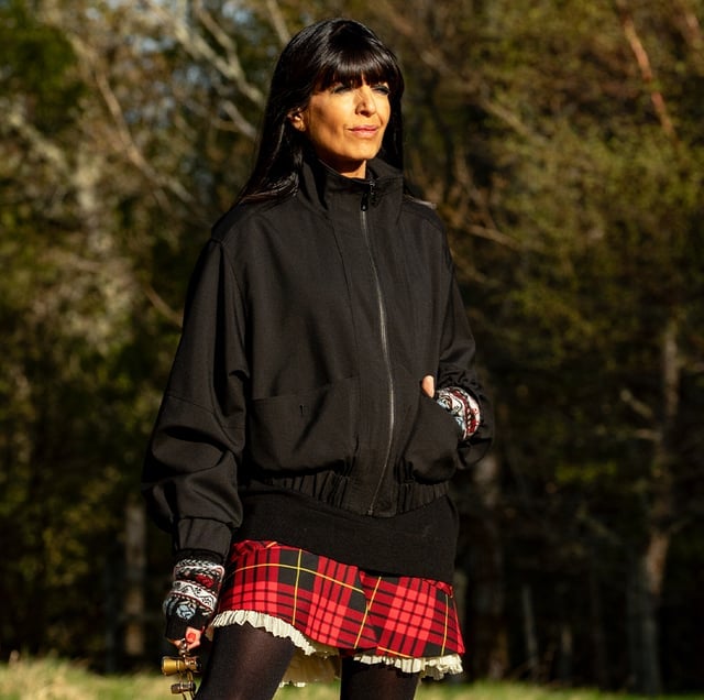 Oversized Black Windbreaker with Plaid Mini Skirt — Trendy Windbreaker Outfits