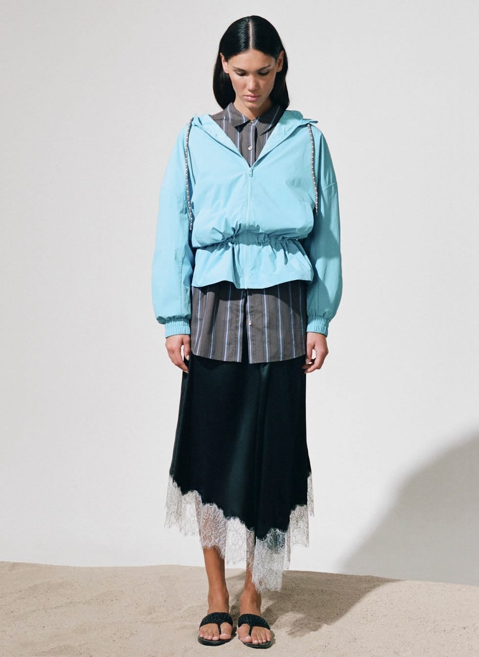 Light Blue Hooded Windbreaker with Lace Trim Midi Skirt — Trendy Windbreaker Outfits
