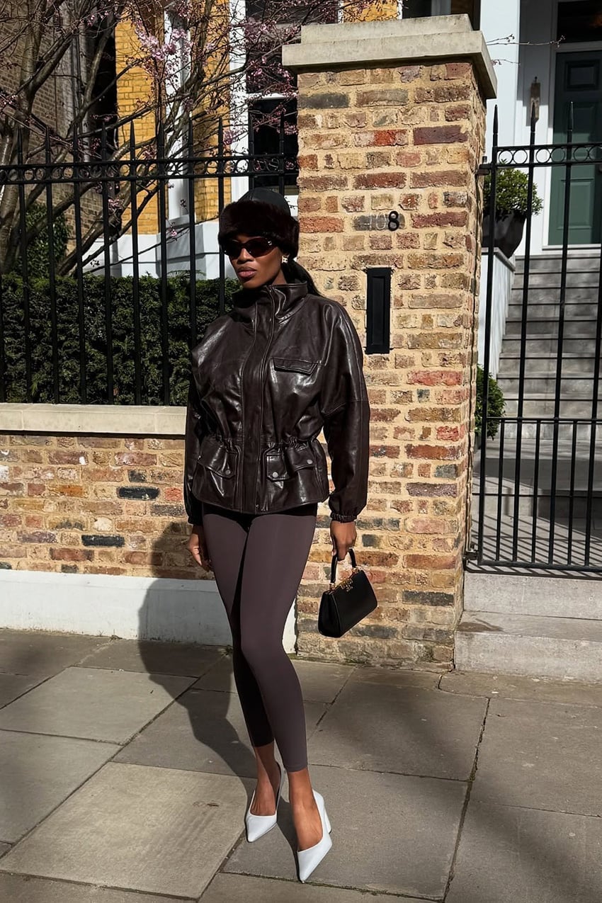 Dark Brown Leather Jacket with Utility Details, Close-Up Take — Trendy Windbreaker Outfits