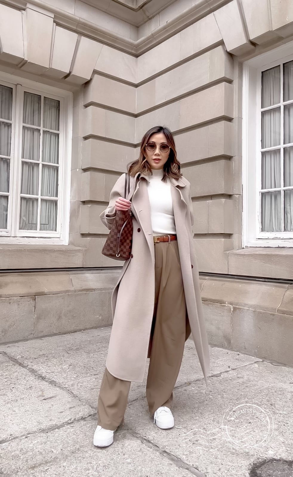 Beige Wool Coat Business Casual Chic With White Sneakers — Trendy Wool Coat Outfits