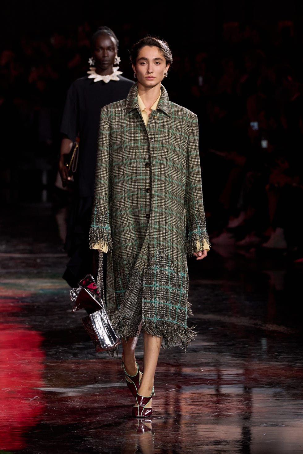 Tartan Wool Coat with Yellow Blouse — Trendy Wool Coat Outfits
