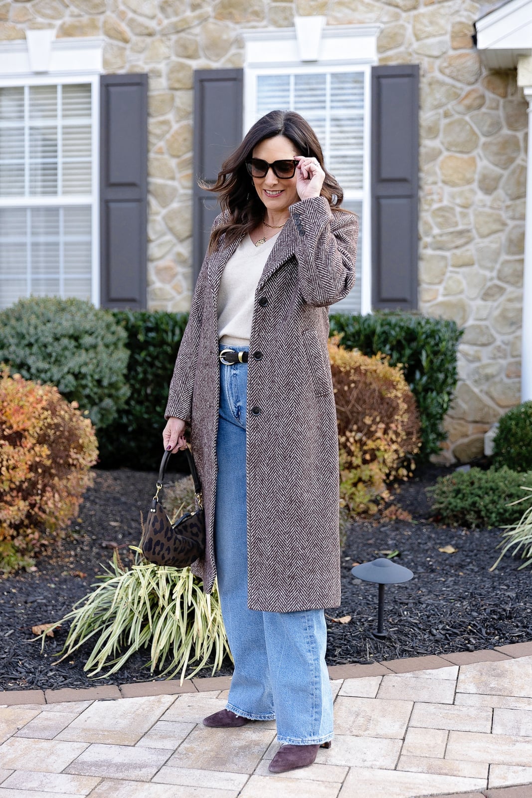 Herringbone Wool Coat with Leopard Print Bag — Trendy Wool Coat Outfits