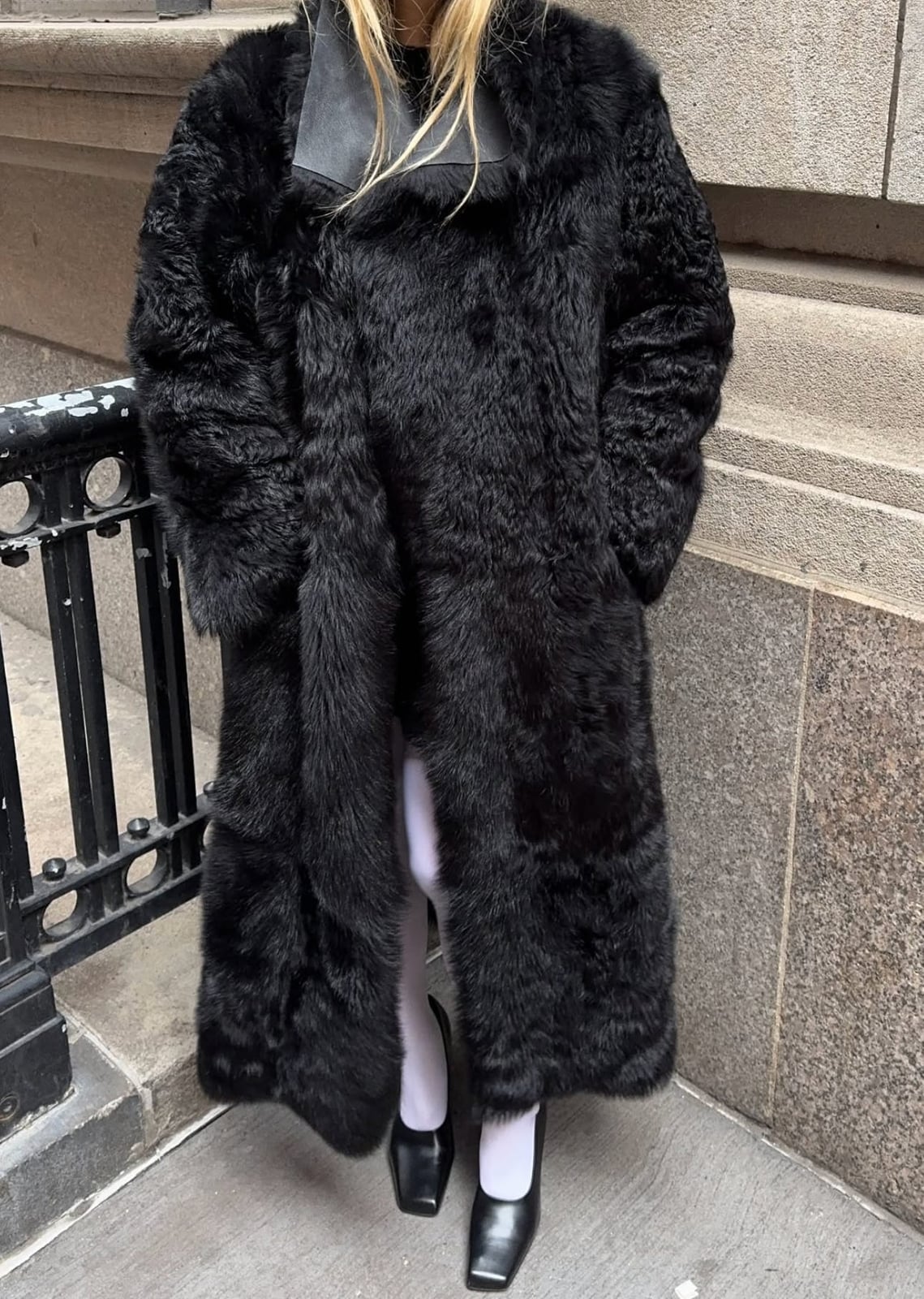 Black Textured Wool Coat with Shearling Finish — Trendy Wool Coat Outfits
