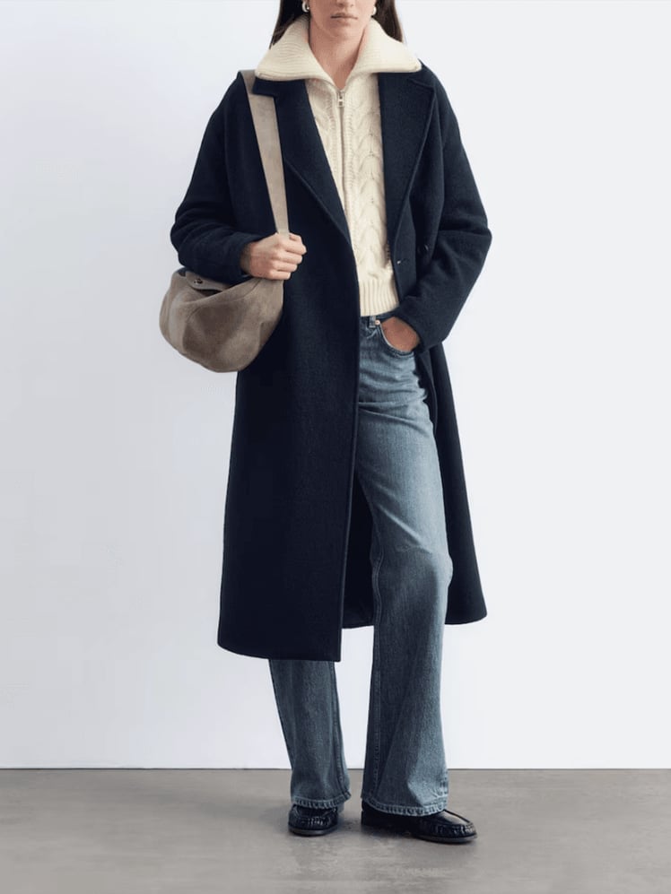 Navy Oversized Wool Coat with Cream Sweater — Trendy Wool Coat Outfits