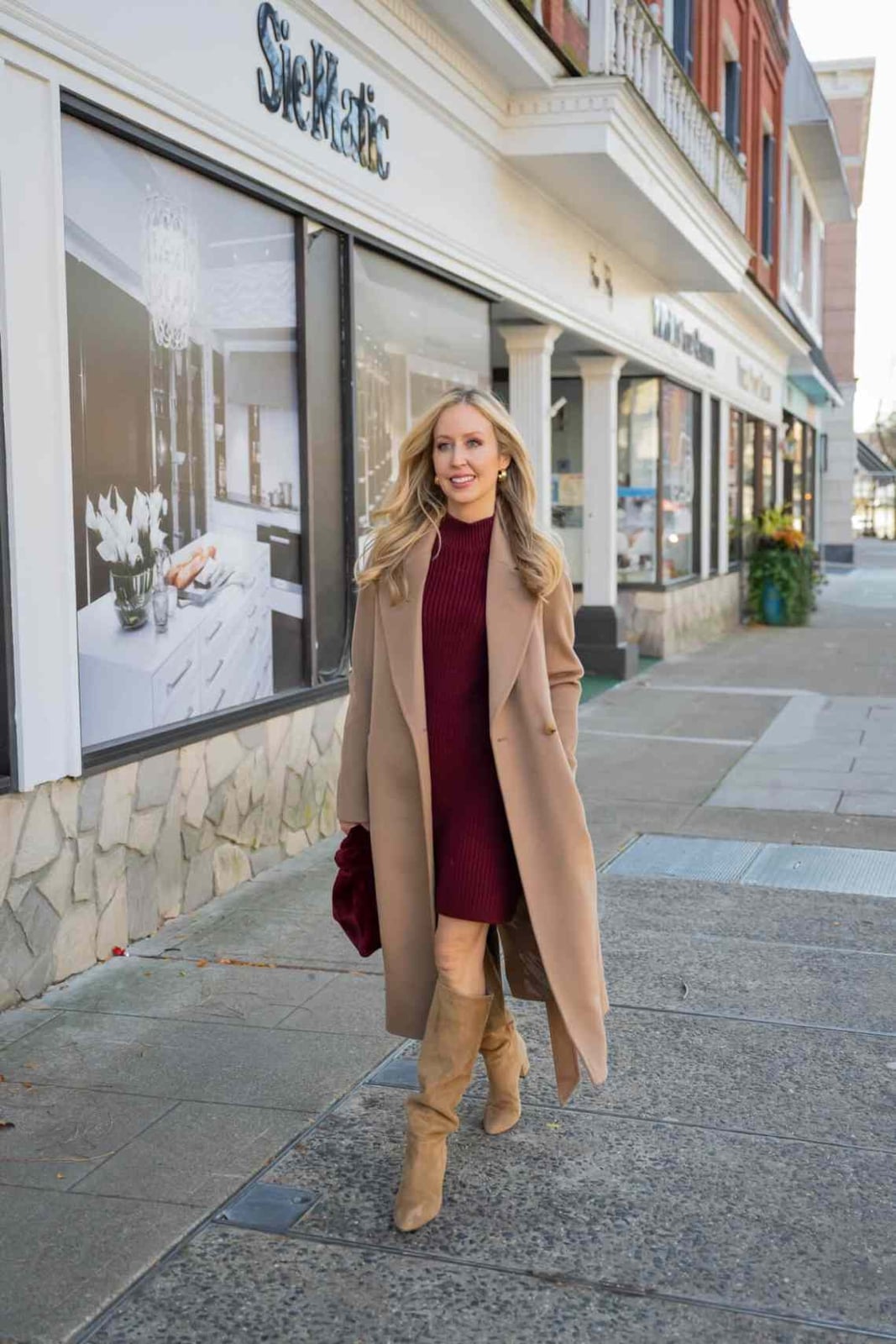 Camel Wool Coat with Burgundy Knit Dress — Trendy Wool Coat Outfits