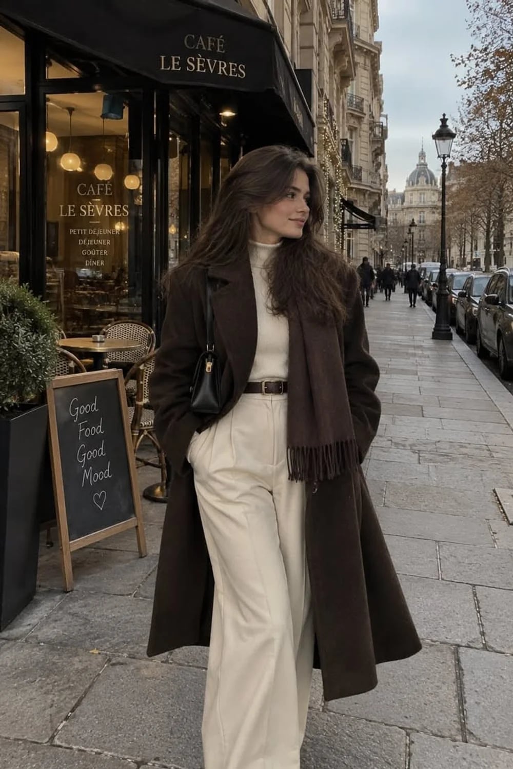 Long Dark Brown Wool Coat Sophisticated Casual With Wide Leg Trousers — Trendy Wool Coat Outfits