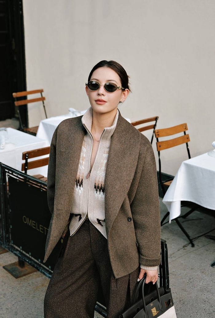 Brown Wool Coat with Patterned Cardigan — Trendy Wool Coat Outfits