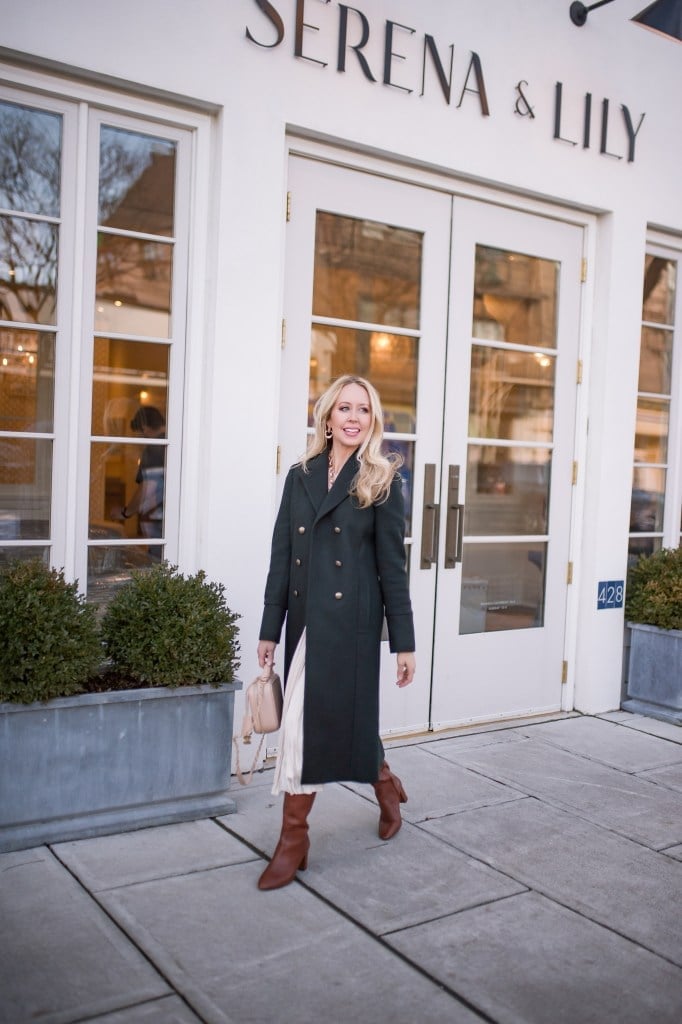 Dark Green Wool Coat with Cream Dress — Trendy Wool Coat Outfits