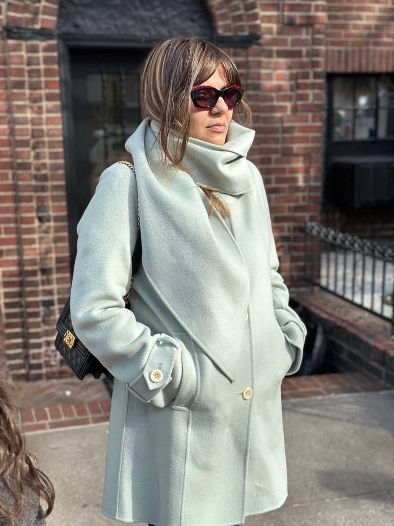 Light Blue Wool Coat with Integrated Scarf — Trendy Wool Coat Outfits