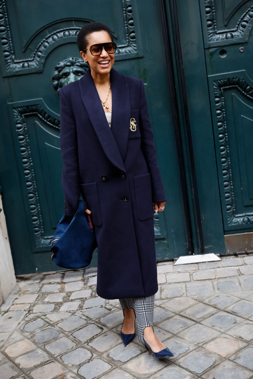 Navy Wool Coat with Plaid Trousers — Trendy Wool Coat Outfits