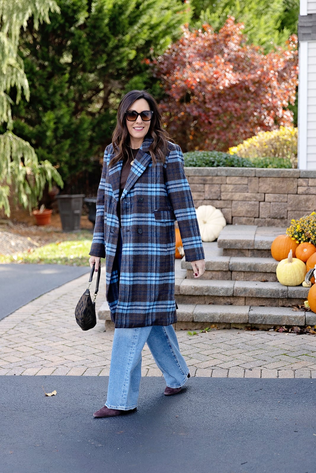 Plaid Wool Coat with Wide-Leg Jeans — Trendy Wool Coat Outfits