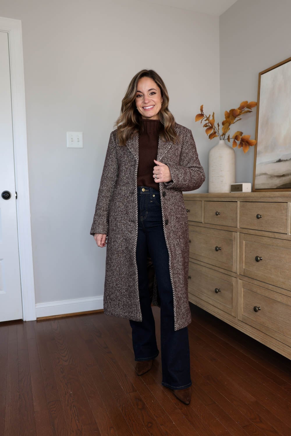 Herringbone Wool Coat with Brown Turtleneck — Trendy Wool Coat Outfits