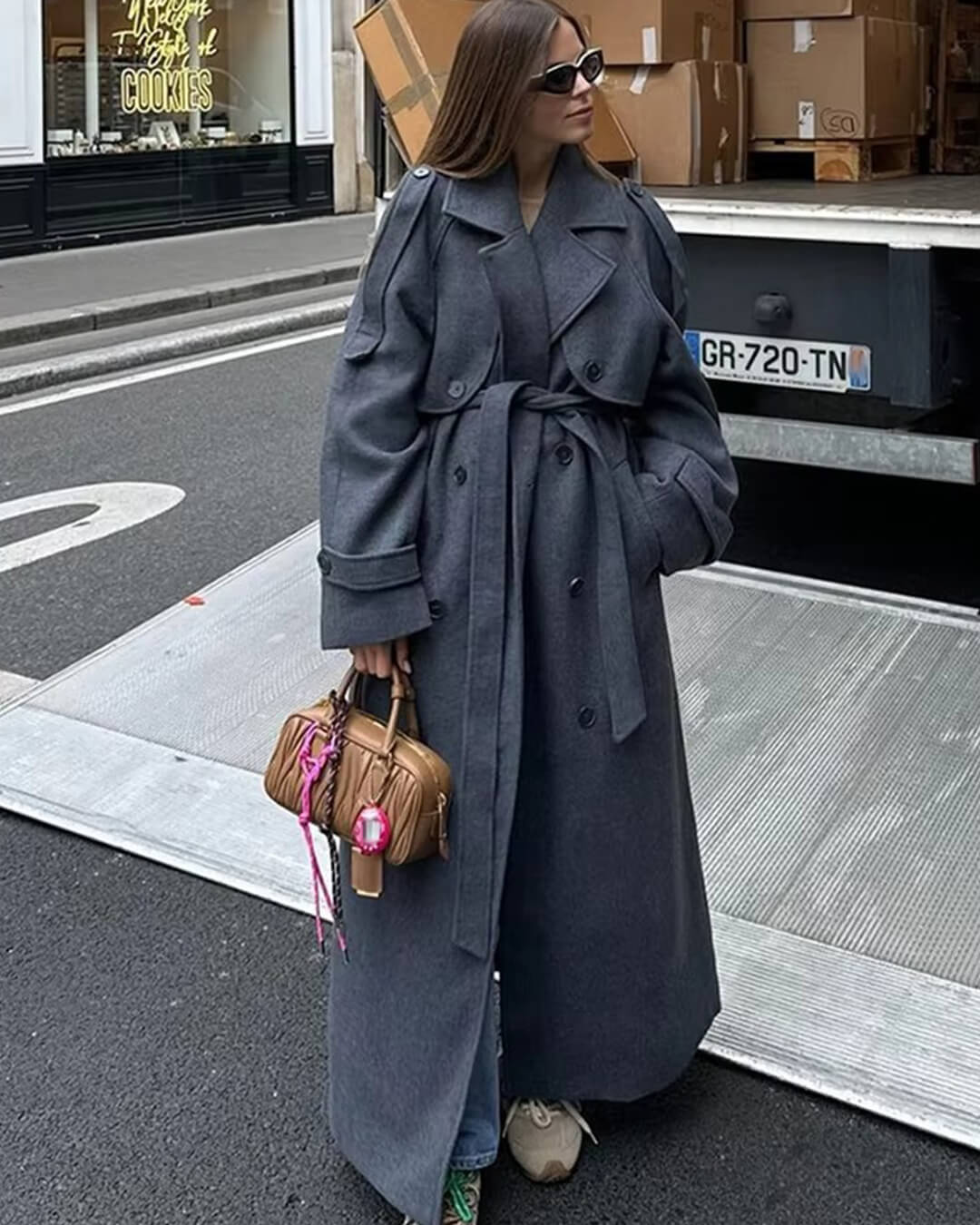 Belted Dark Grey Longline Wool Coat with Jeans, Close-Up Take — Trendy Wool Coat Outfits