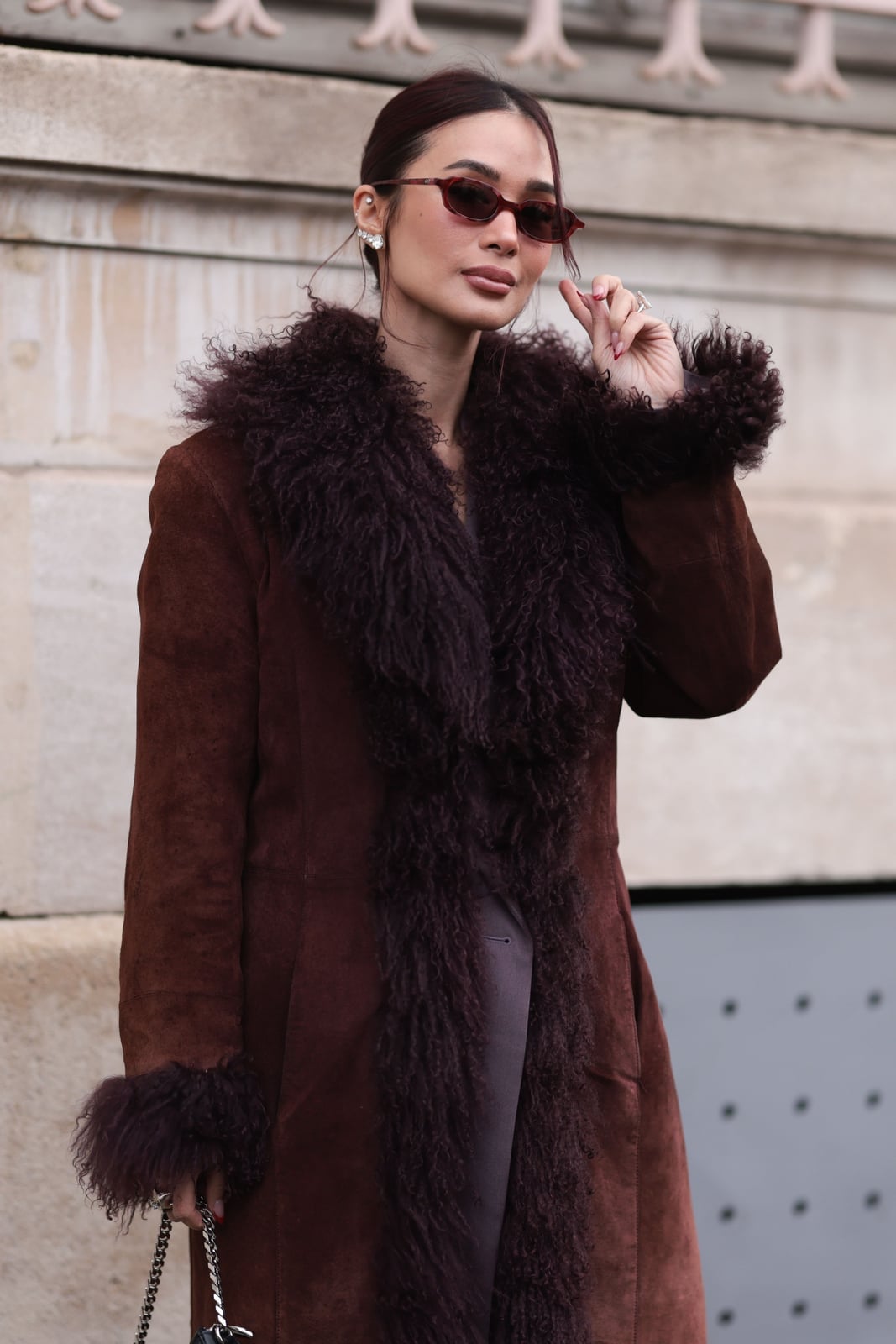 Textured Brown Wool Coat with Fur Trim, Close-Up Take — Trendy Wool Coat Outfits